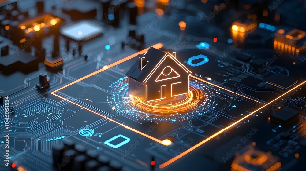 Poster Futuristic 3D rendering of smart home technology with a central glowing house icon connected by illuminated circuit lines on a sleek dark backdrop showcasing the concept of modern intelligent