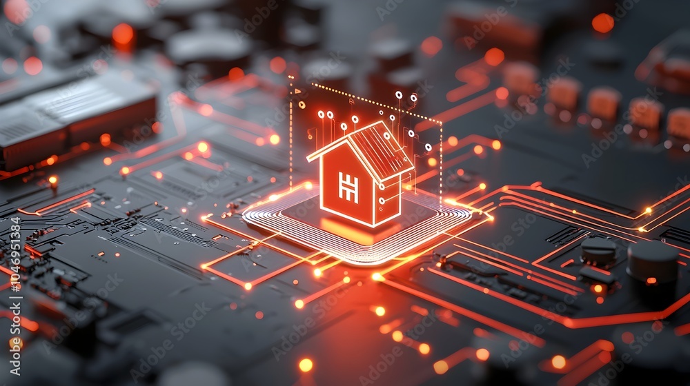 Poster 3D Rendering of Sleek Smart Home Technology Automation System with Glowing House Icon Centralized and Connected by Illuminated Circuit Lines on a Futuristic Dark Backdrop