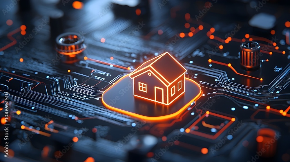 Aufkleber glowing digital home icon surrounded by futuristic circuit connections on a dark technological backg