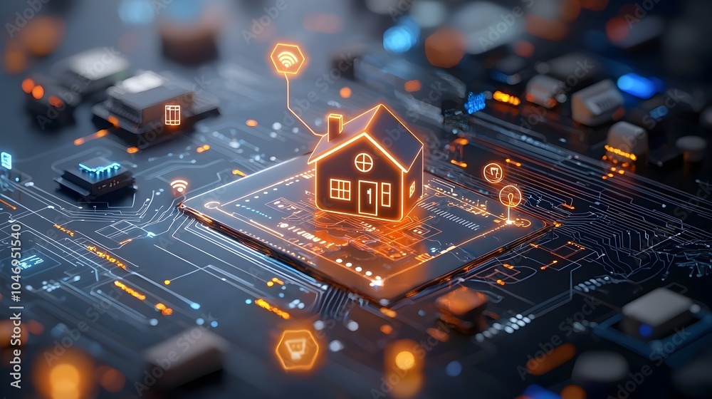 Poster Glowing Digital Home Icon Surrounded by Futuristic Circuit Lines Representing Smart Home Technology and IOT on a Dark Background  Concept of Automation