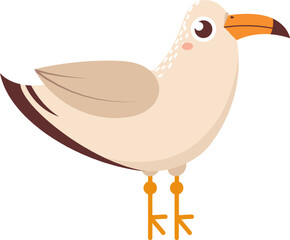 Cartoon seagull standing, showing its brown wing and orange beak, isolated on a white background, ideal for children book illustrations
