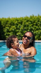 Obraz premium A joyful African-American mom and daughter playfully swim together during summer vacation while sporting sunglasses