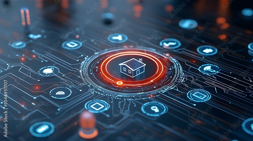 Poster Close up view of a glowing digital home icon surrounded by futuristic circuit lines symbolizing the of smart home technology and the Internet of Things on a dark background