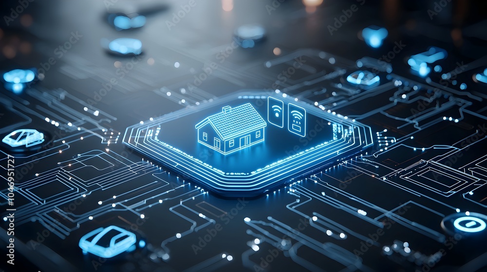 Leinwandbilder 3D rendering of a smart home icon illuminated by blue digital circuits symbolizing intelligent system management and IoT on a modern dark background  The image represents the concept of a connected