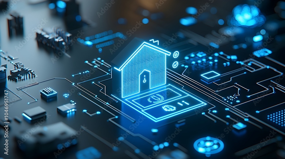Poster 3D rendering of an illuminated smart home icon with blue digital circuits representing intelligent system management and IoT technology on a modern dark background