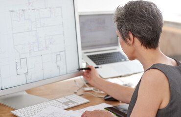 Architecture, woman and design on computer screen for planning, housing development and renovation...