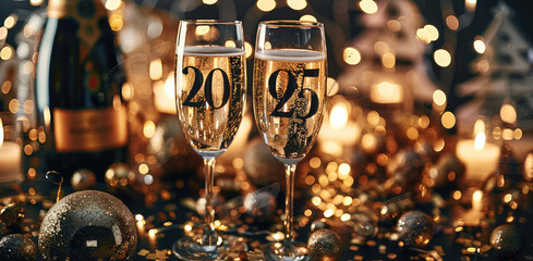 A luxurious black and gold New Year theme, with "2025" in elegant, shimmering letters, surrounded by champagne glasses and golden confetti.