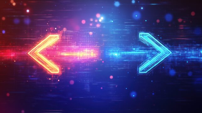 Hologram or projection of neon arrows pointing in opposite directions on blue futuristic background