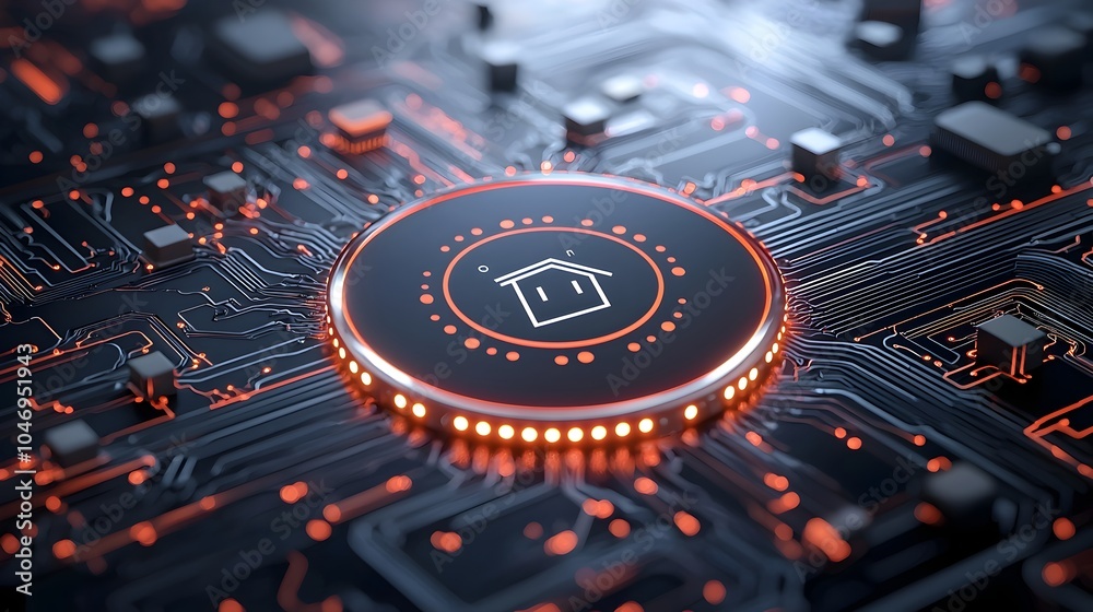 Poster Glowing digital home icon at the center of a complex network of circuit lines symbolizing the concept of smart technology and the Internet of Things IOT on a sleek minimalist black background