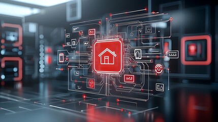 Glowing digital home icon centered in a complex network of illuminated circuit lines symbolizing the of smart technology and the Internet of Things on a sleek black background