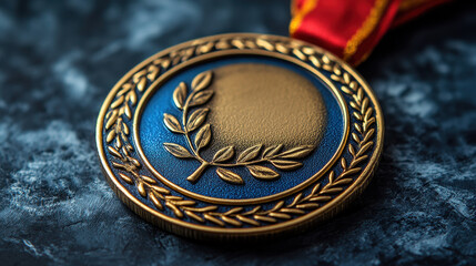 Naklejka premium Golden Medal with Red Ribbon on Textured Surface for Awards and Achievements Concept