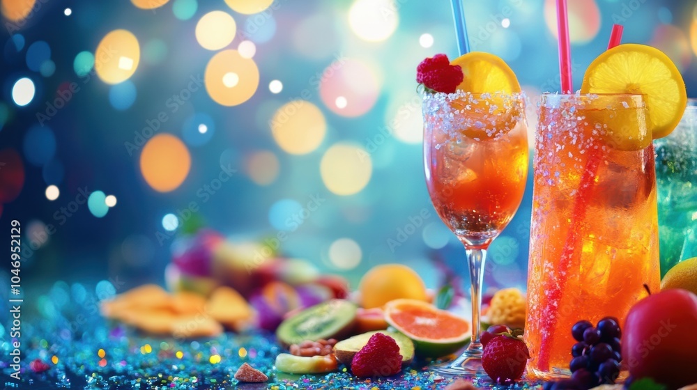 Poster brightly colored cocktails sit on a table surrounded by fresh fruit slices and snacks, creating a li