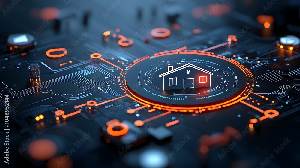 Poster Futuristic Smart Home System Technology Concept Featuring Interconnected Circuit Lines and Glowing House Icon on a Dark Abstract Background Representing IOT and Home Automation
