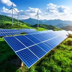 Solar Farm with Wind Turbines in Green Field