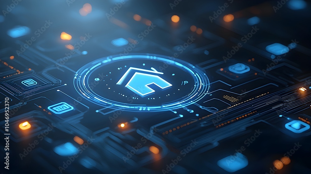 Poster Innovative Smart Home System Concept Featuring a Glowing House Icon Surrounded by Interconnected Circuit Lines Representing IOT Technology and Futuristic Digital Automation Solutions