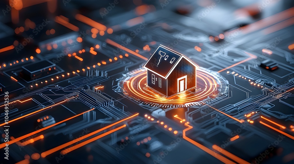 Poster innovative 3d showcasing smart home technologies with a central glowing house icon and futuristic ci