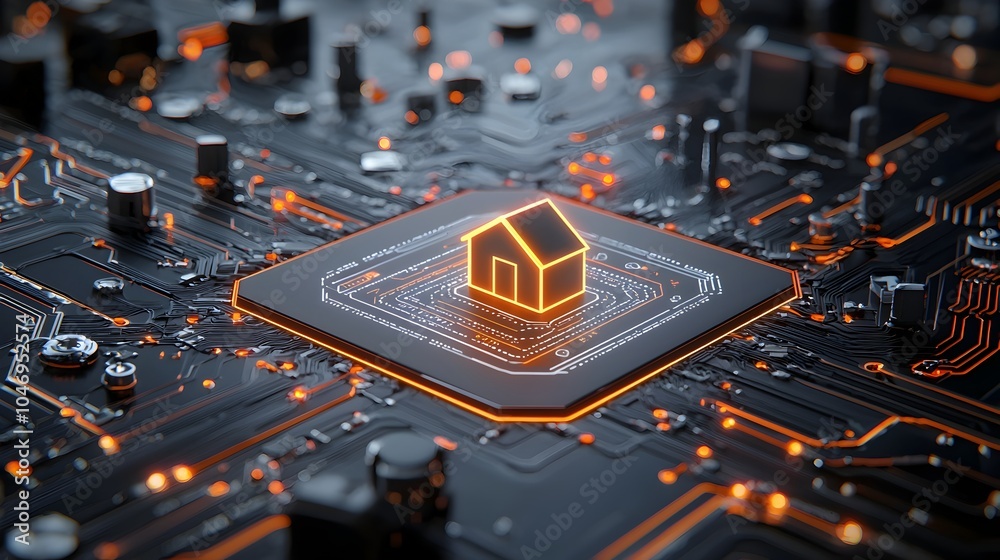 Poster Digital of Smart Home Technologies with a Central Glowing House Icon and Futuristic Circuit Lines on a Dark Background Showcasing the Concept of Intelligent Home Automation and Connectivity