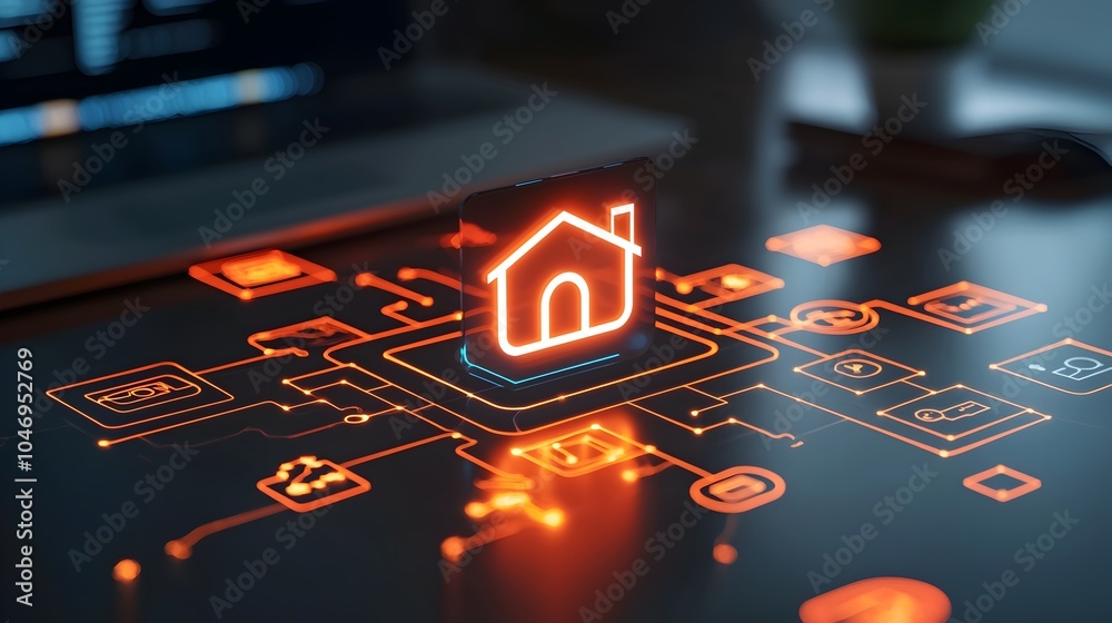 Leinwandbilder bright digital home icon intricately connected by glowing circuit lines against a dark modern backgr