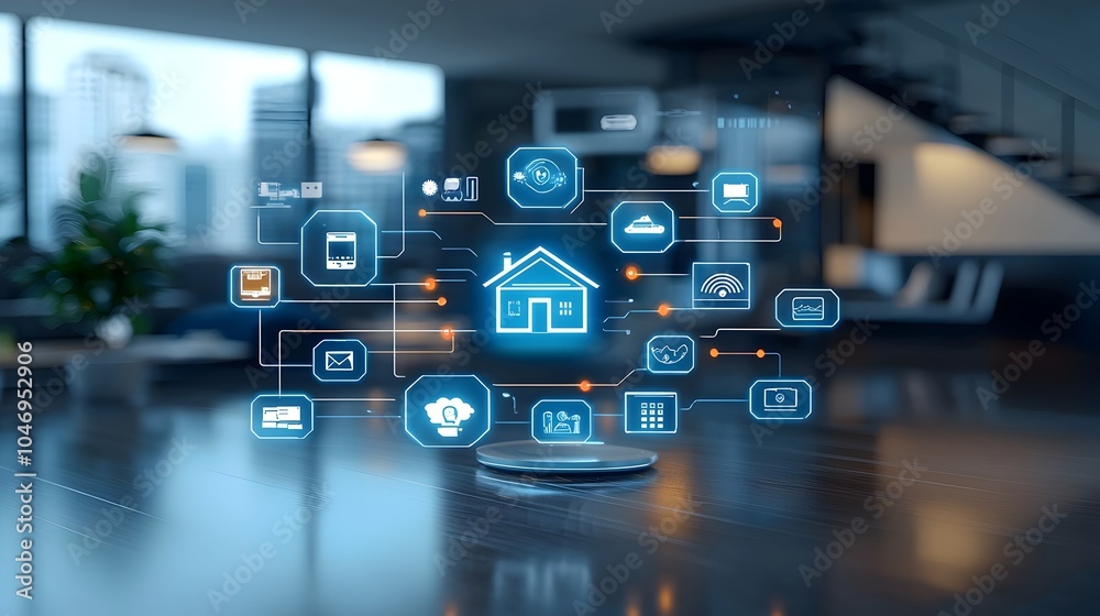 Poster Glowing Smart Home Icon Surrounded by Vibrant Circuit Lines on Dark Tech Inspired Background Representing Advanced IOT Technology and Digital Automation