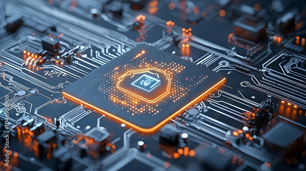 Aufkleber Closeup of a glowing smart home icon surrounded by bright circuit lines representing advanced IoT technology and automation on a dark tech inspired background