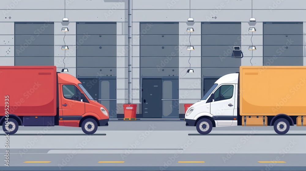 Leinwandbilder red and white vans are lined up at the warehouse loading dock, prepared for shipment and awaiting ca
