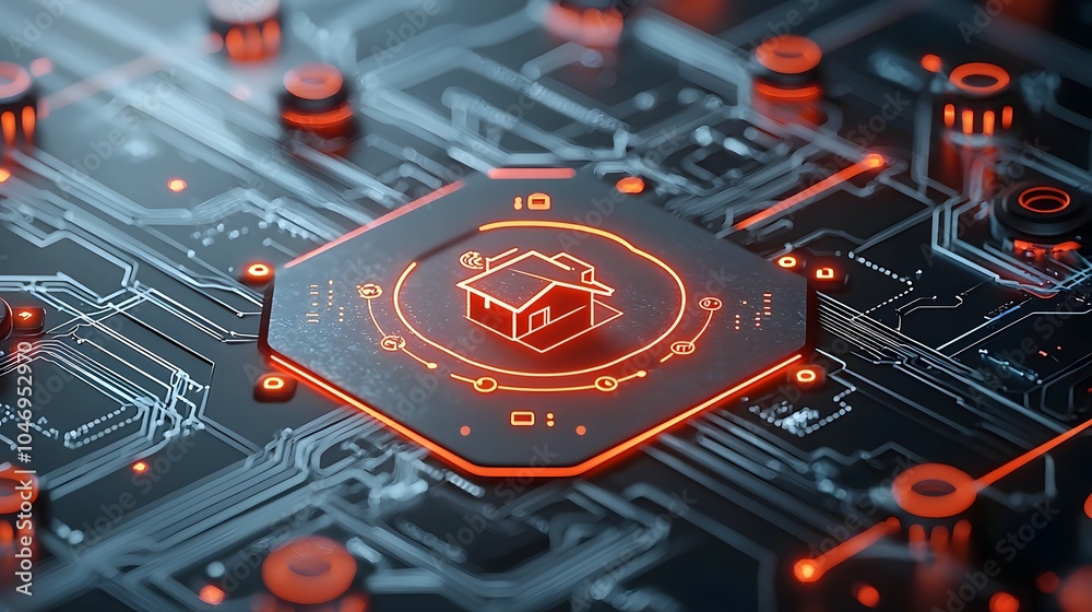Poster Close up 3D rendering of a glowing smart home symbol surrounded by dynamic circuit lines and IOT connections on a sleek dark background