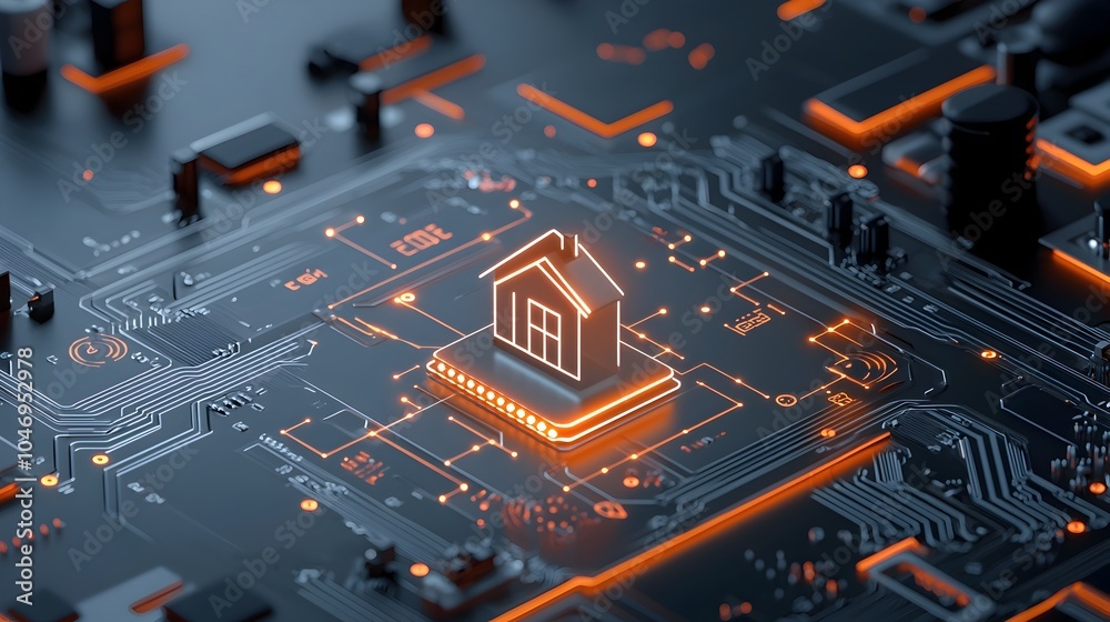 Poster Glowing 3D Rendering of a Smart Home Symbol Surrounded by Dynamic Circuit Lines and IOT Connections on a Sleek Dark Background