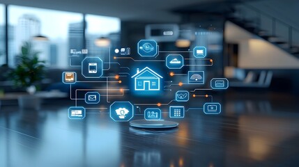 Glowing Smart Home Icon Surrounded by Vibrant Circuit Lines on Dark Tech Inspired Background Representing Advanced IOT Technology and Digital Automation