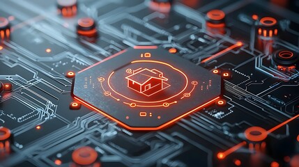 Close up 3D rendering of a glowing smart home symbol surrounded by dynamic circuit lines and IOT connections on a sleek dark background