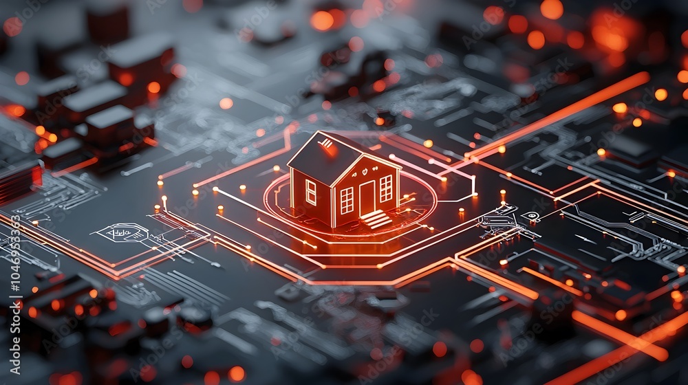 Aufkleber Sleek 3D rendering of a glowing smart home symbol surrounded by dynamic circuit lines and IOT connections on a dark modern background  Representing the future of home automation digital connectivity