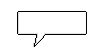 Simple rectangular chat bubble in black and white colors.  Pixelated speech design element for game art. Conversation dialogue, retro message icon. Vector illustration
