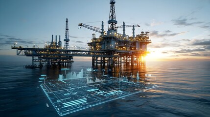 Double exposure of oil rigs and a rising forex chart with a warm sunset glow representing the dynamic global energy and oil market amidst financial trends and industry growth