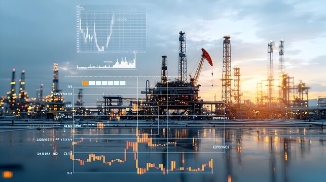 Captivating double exposure of offshore oil rigs and a rising forex chart set against a warm sunset glow symbolizing the dynamic global energy and oil market landscape
