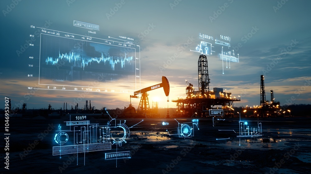 Poster double exposure image depicting the global energy and oil market with overlapping elements of offsho