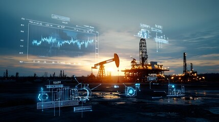 Double exposure image depicting the global energy and oil market with overlapping elements of offshore oil rigs and a rising forex chart against a warm sunset glow on the horizon