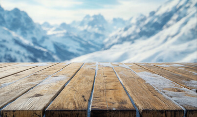 Empty wooden table, winter mountain landscape with copy space