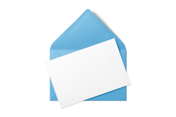 Opened blue envelope mockup with blank paper isolated on a transparent background, PNG. High resolution. 