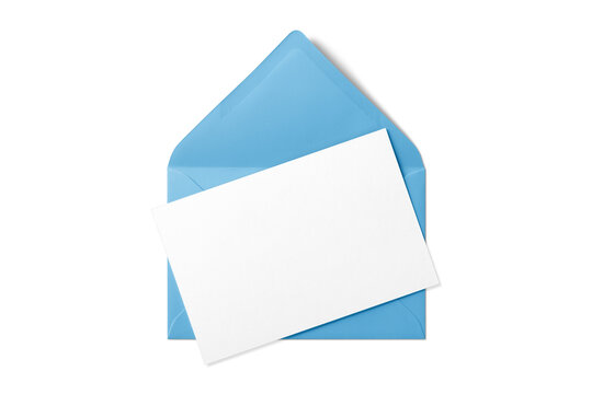 Opened blue envelope mockup with blank paper isolated on a transparent background, PNG. High resolution. 