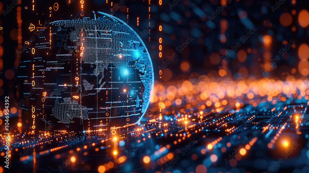 Aufkleber Digital Earth globe with binary code and network connections on a dark background, representing global digital communication or internet technology.
