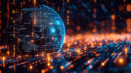 Digital Earth globe with binary code and network connections on a dark background, representing global digital communication or internet technology.