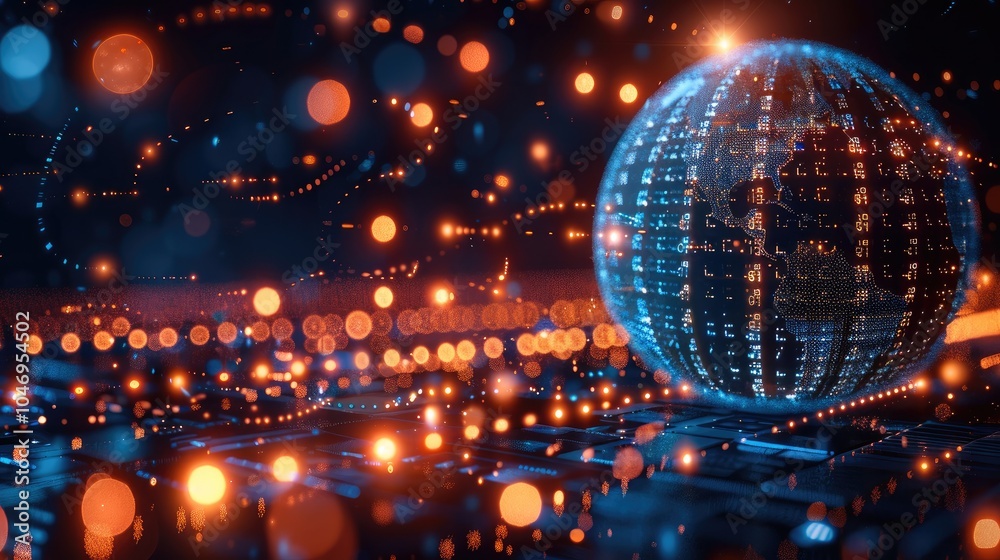 Aufkleber Digital Earth globe with binary code and network connections on a dark background, representing global digital communication or internet technology.