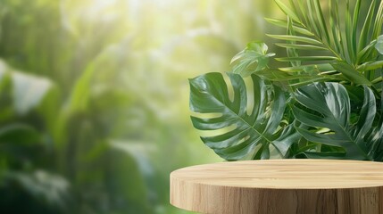 Empty wood table top with blur nature Garden. Banner mock up background for display