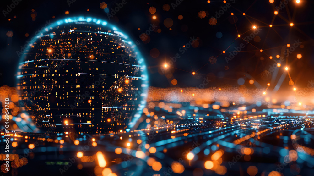 Aufkleber Digital Earth globe with binary code and network connections on a dark background, representing global digital communication or internet technology.