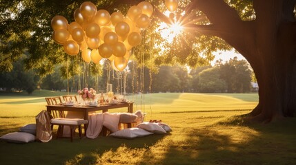 Obraz premium Outdoor table setting with golden balloons for a sunset celebration