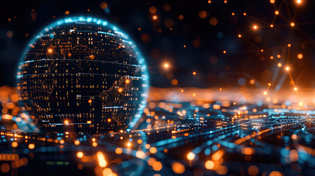 Digital Earth globe with binary code and network connections on a dark background, representing global digital communication or internet technology.