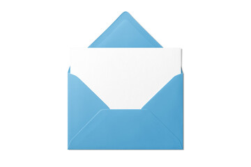 Opened blue envelope mockup with blank paper isolated on a transparent background, PNG. High...