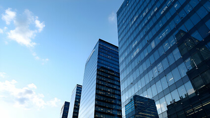 A low angle view of a row of modern glass skyscrapers against a blue sky with white clouds. The buildings reflect the sky and other buildings, creating a sense of depth and symmetry.