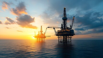 Fototapeta premium Silhouetted oil rigs and a rising forex chart at sunset blending the concepts of energy production and financial growth in an abstract and illustrative design