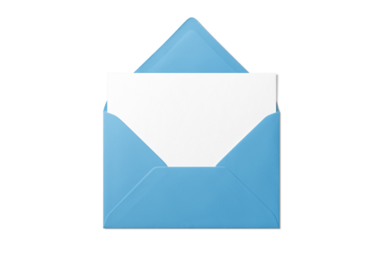Opened blue envelope mockup with blank paper isolated on a transparent background, PNG. High resolution. 