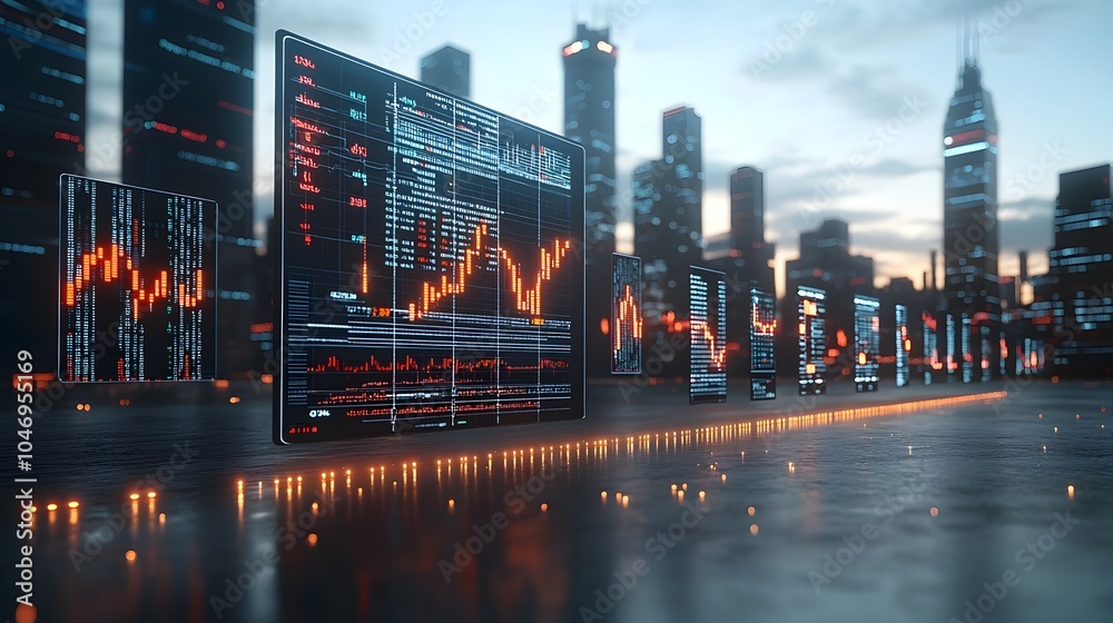 Poster generative composition of oil mining and forex market charts growing side by side under a fiery suns